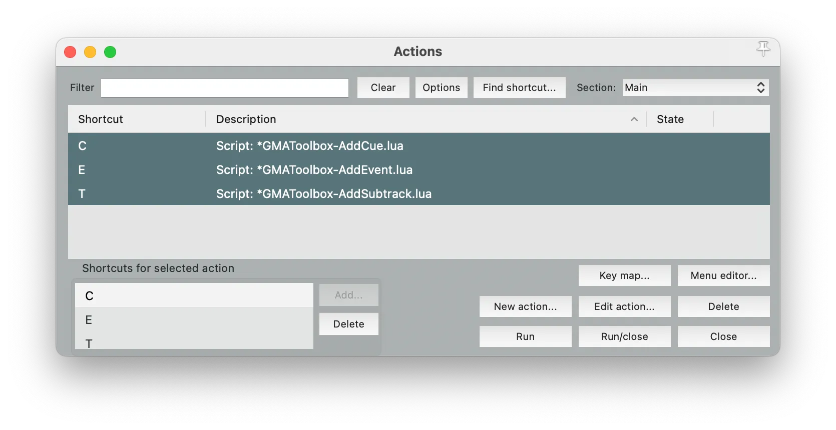 Reaper Actions Window